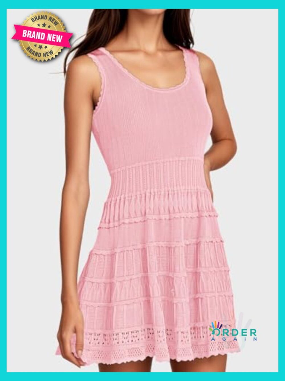 Flowy Knit Crochet Hem Tank Sundress Casual Sleeveless Mini Dress Bohemian - Picture 4 of 7